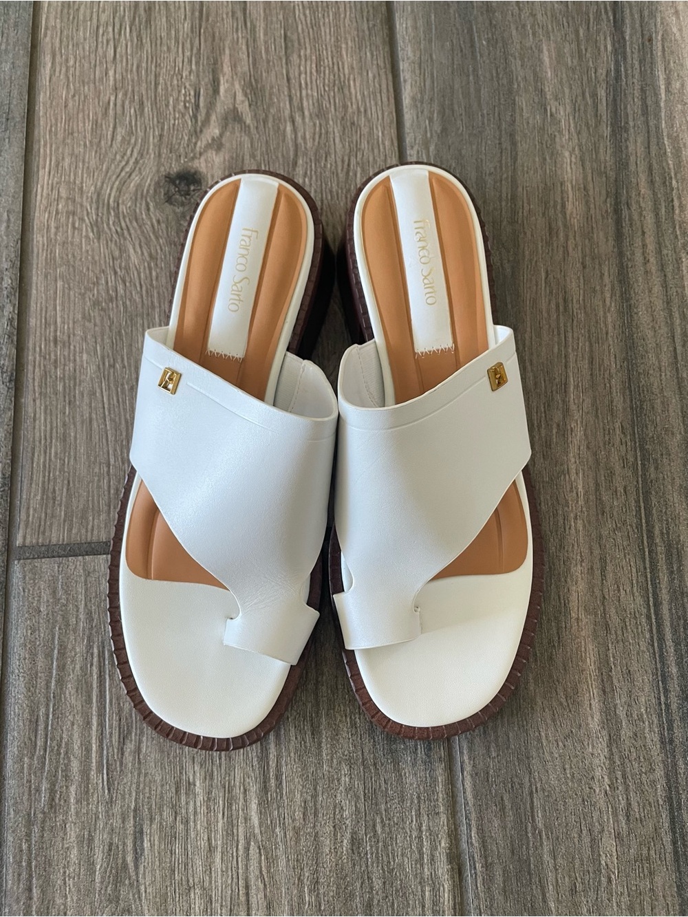 Franco Sarto White Leather Crossover Slide Mules with Brown Sole